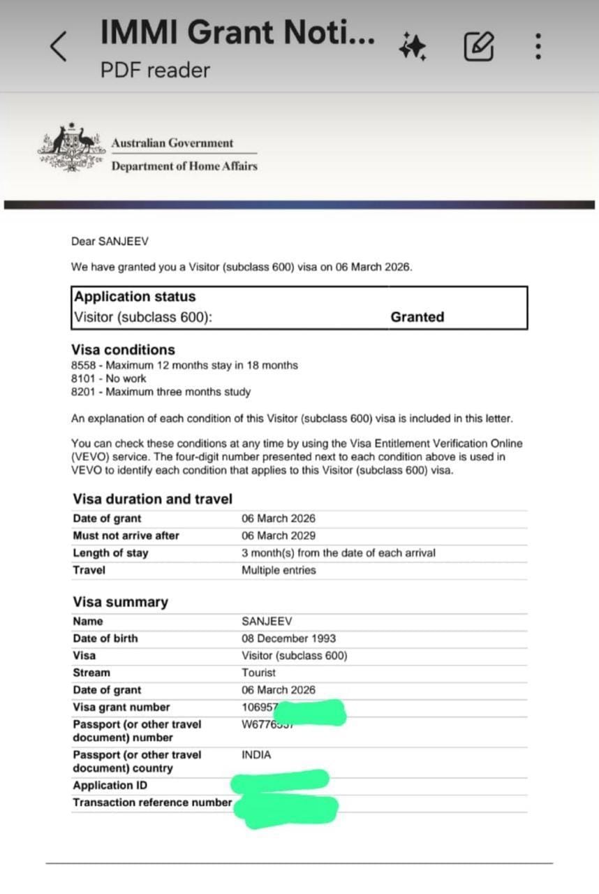 Australian Government Visitor Visa Grant - Sanjeev